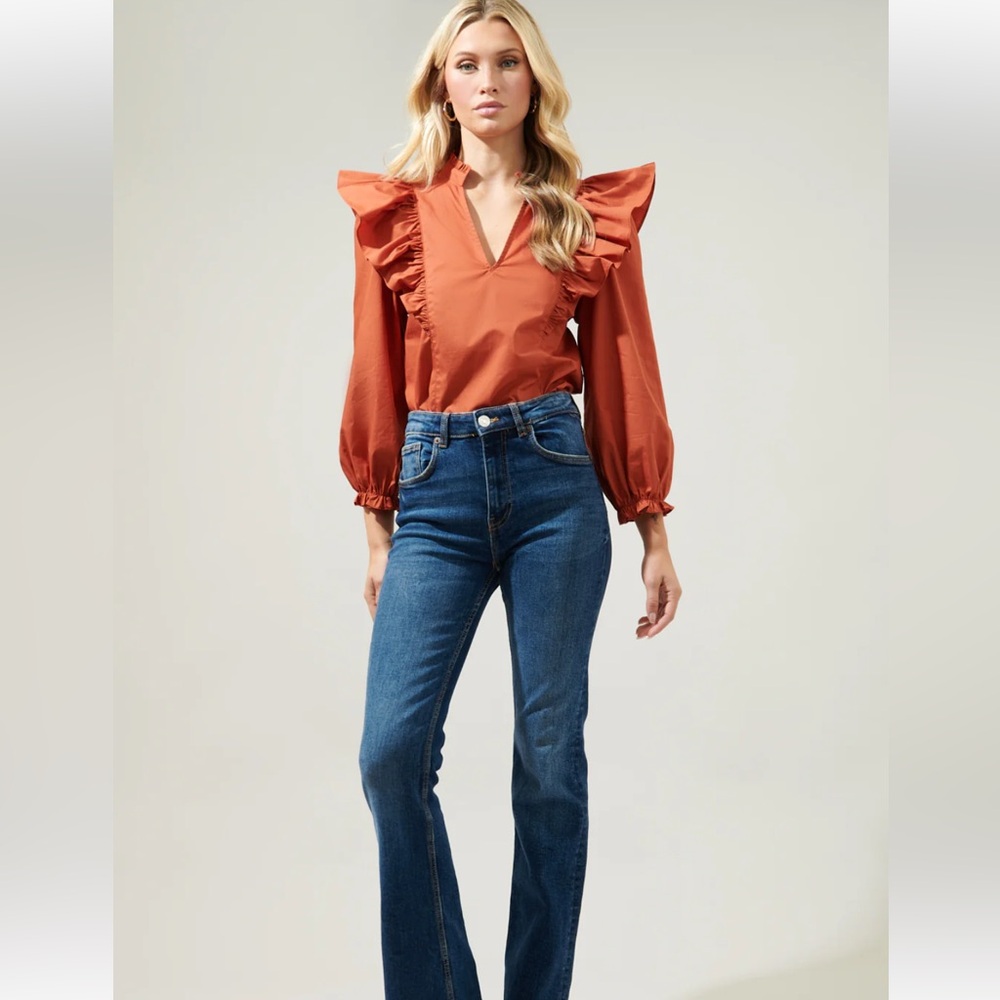 Sugarlips Rust Orange Grayson Ruffle Split Neck T… - image 3